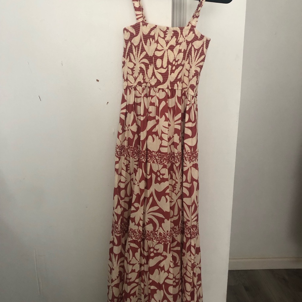 Marine Layer Cream and Rust-Red Floral Maxi Dress